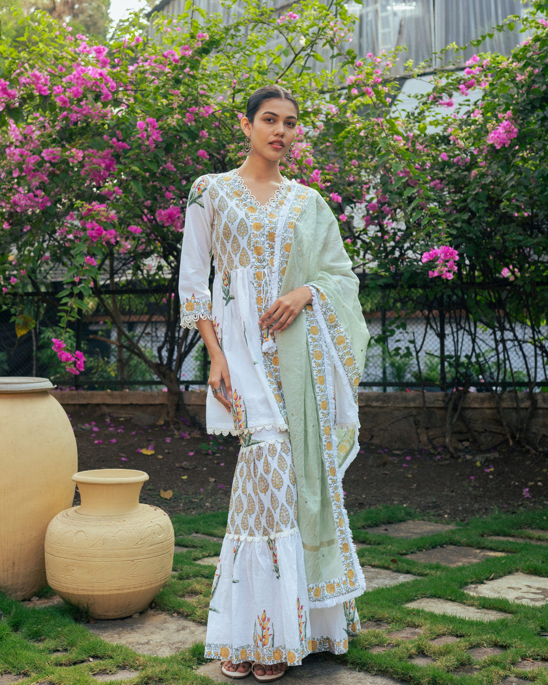 Ivory and Yellow Block Printed Sharara Set