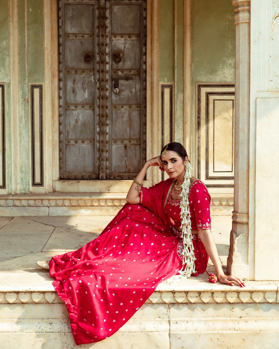 Fuchsia & White Bandhej Print Lehenga Set