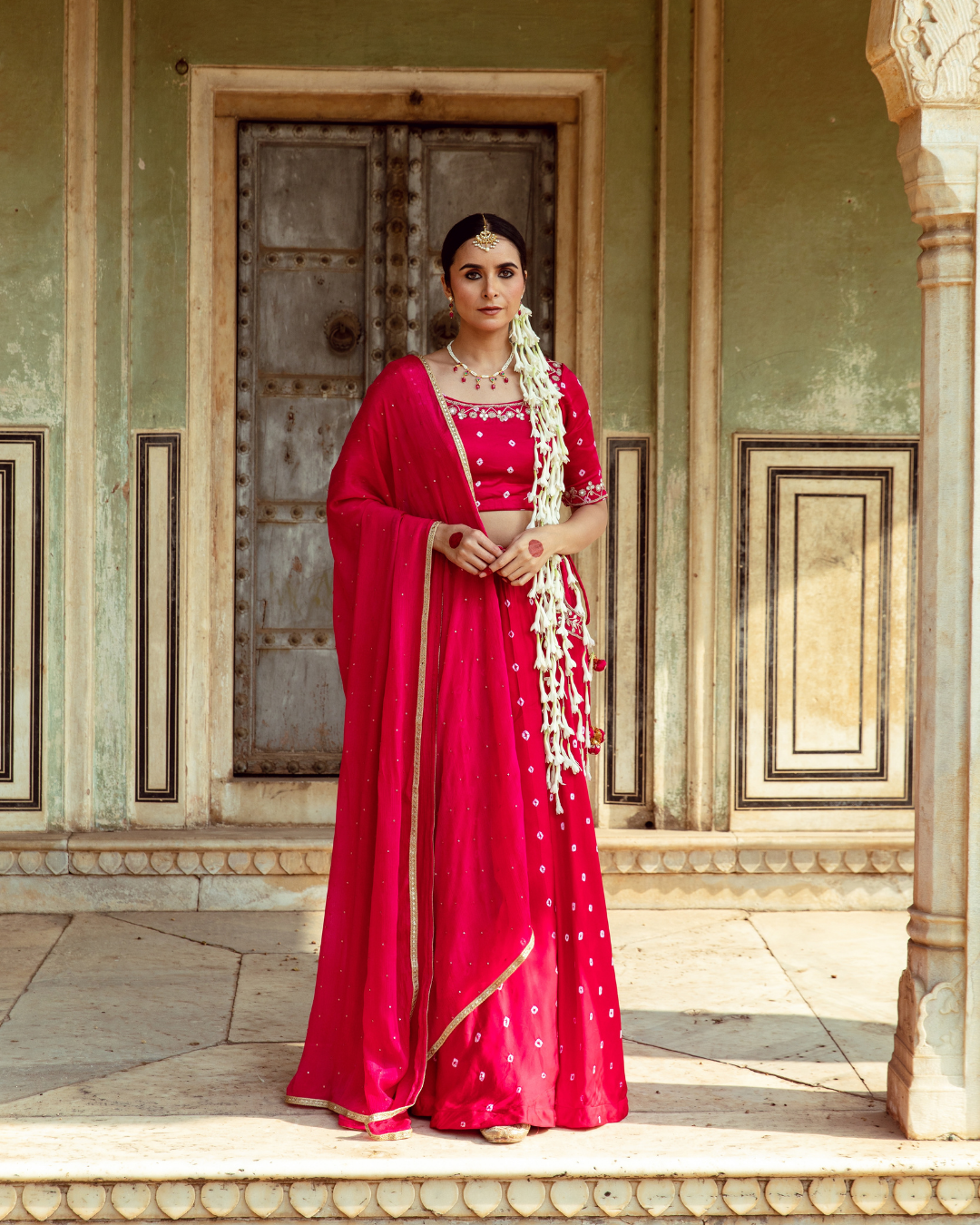 Fuchsia & White Bandhej Print Lehenga Set