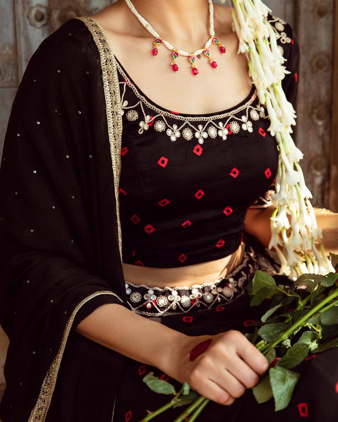 Black & Red Bandhej Print Lehenga Set