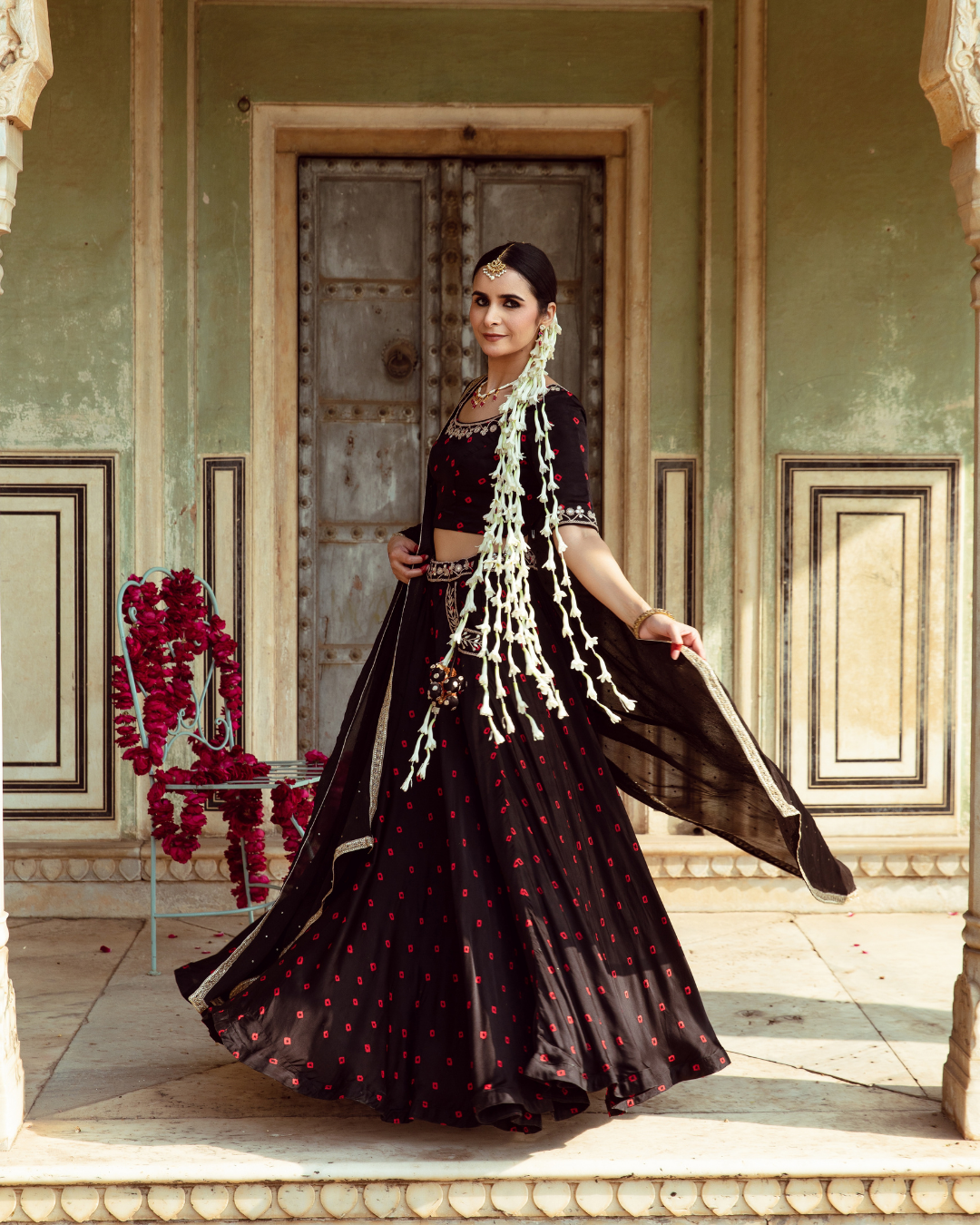 Black & Red Bandhej Print Lehenga Set