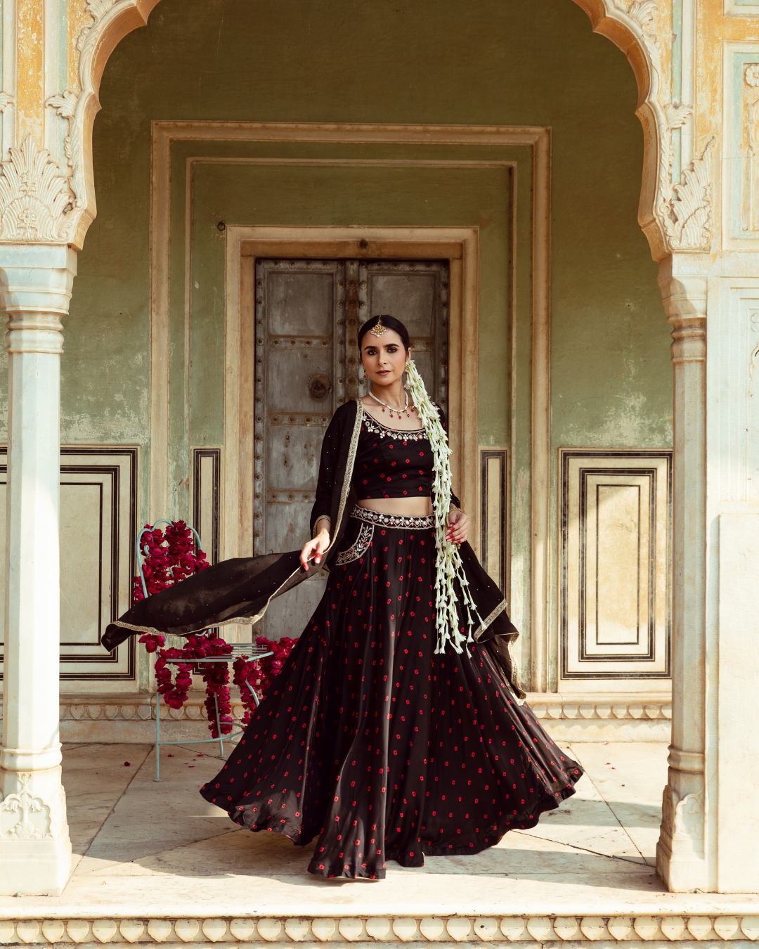 Black & Red Bandhej Print Lehenga Set
