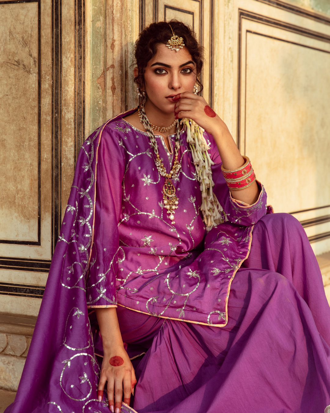 Purple Chanderi Silk Embroidered Sharara Set