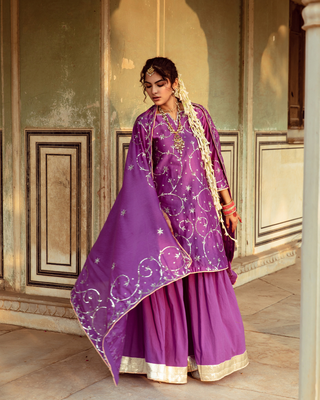 Purple Chanderi Silk Embroidered Sharara Set