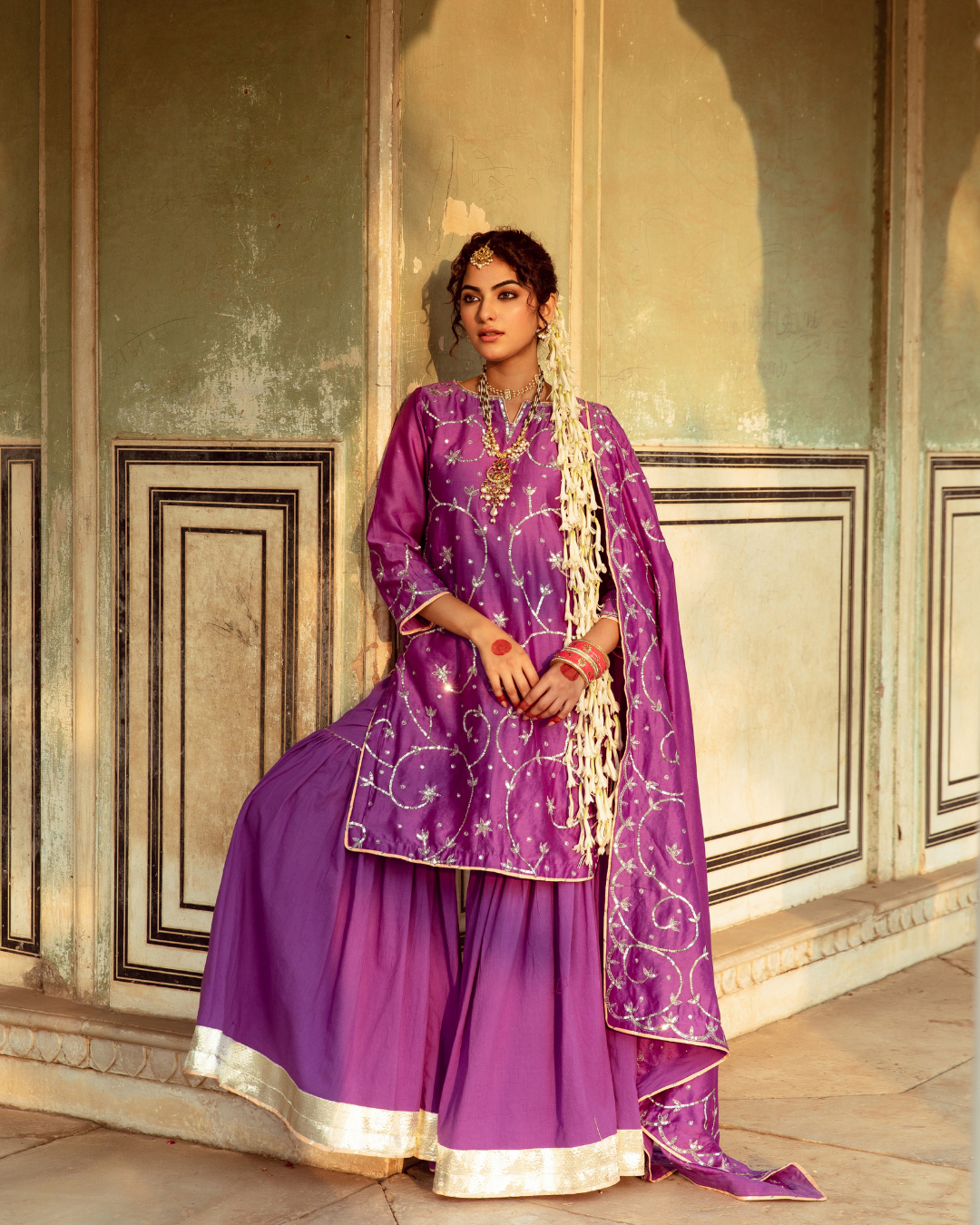 Purple Chanderi Silk Embroidered Sharara Set