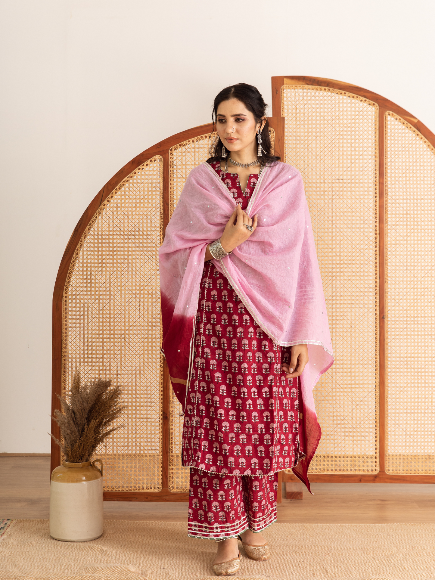 Red Hand Block Printed Cotton Kurta Set
