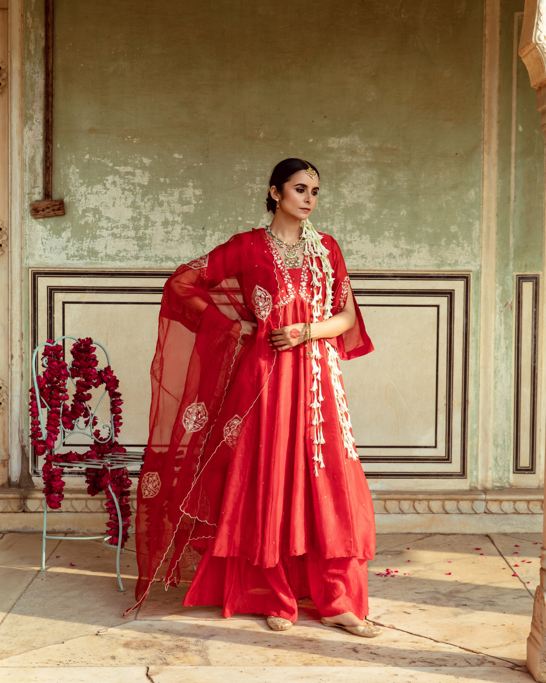 Deep Red Zari Embroidered Kalidar Set