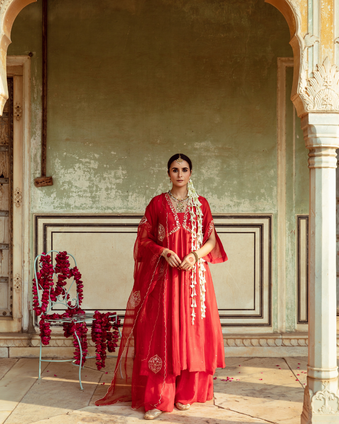 Deep Red Zari Embroidered Kalidar Set