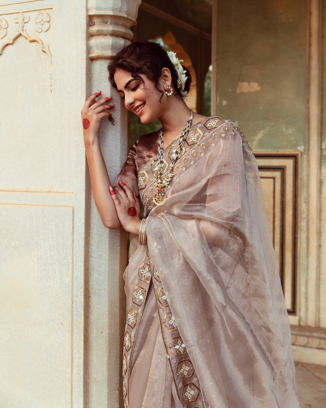 Antique Silver Embroidered Tissue Silk Sari