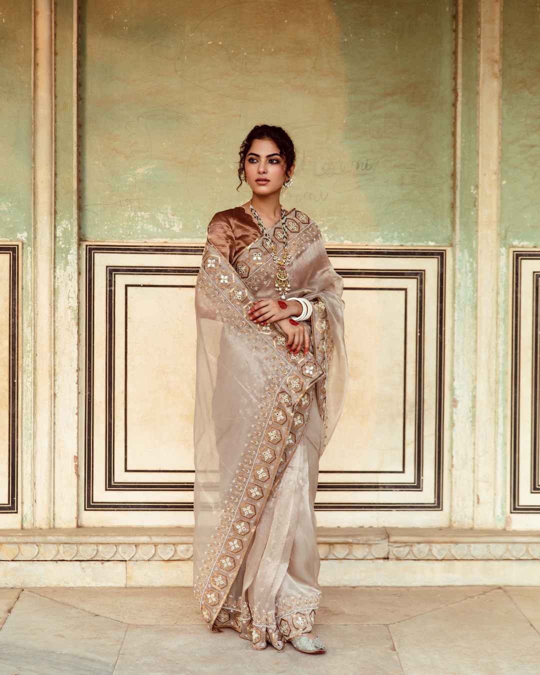 Antique Silver Embroidered Tissue Silk Sari