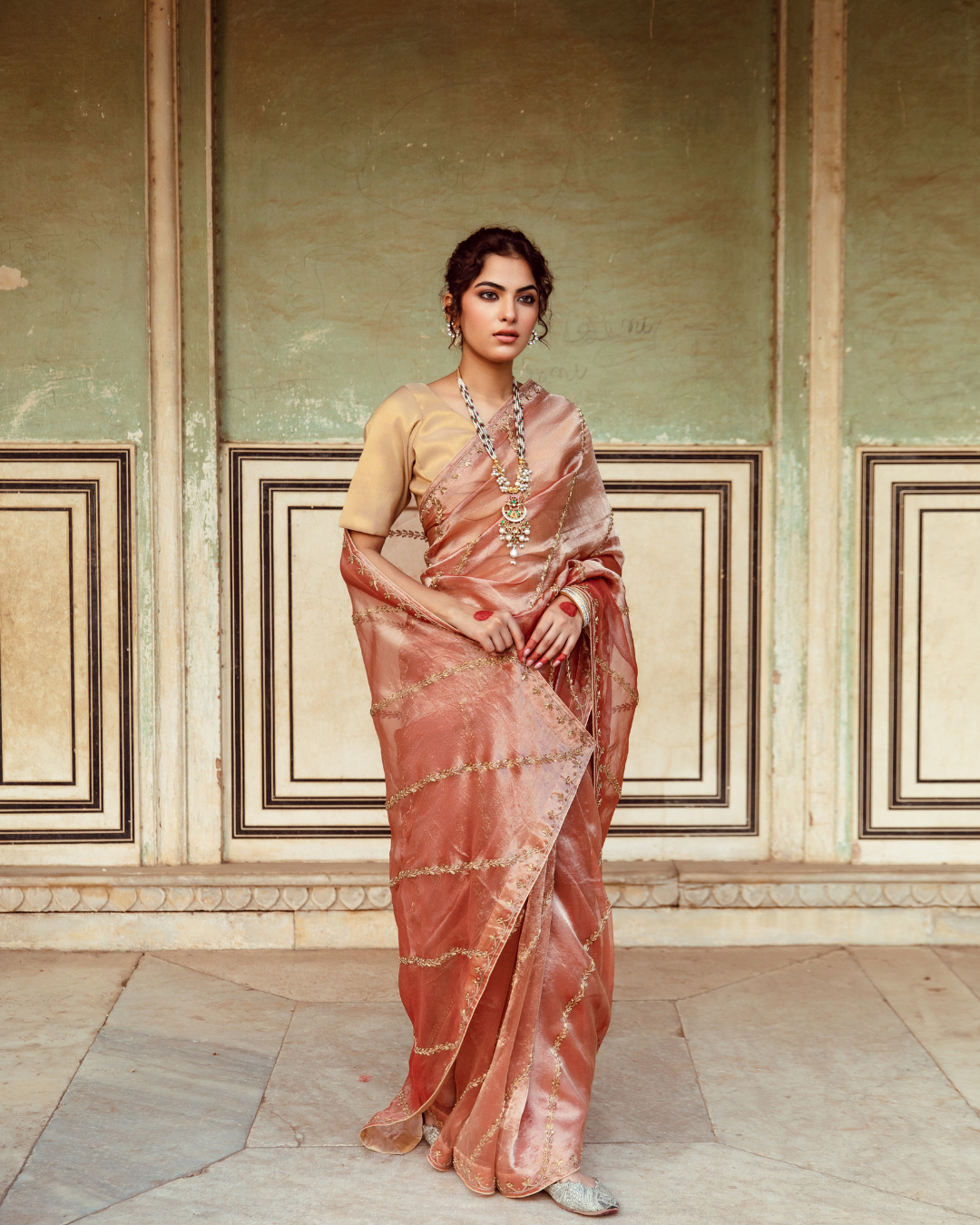 Rust Tissue Silk Embroidered Sari
