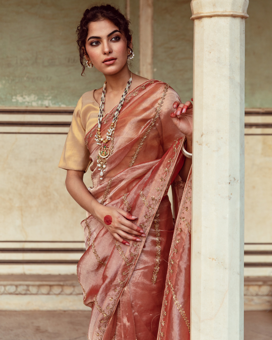 Rust Tissue Silk Embroidered Sari