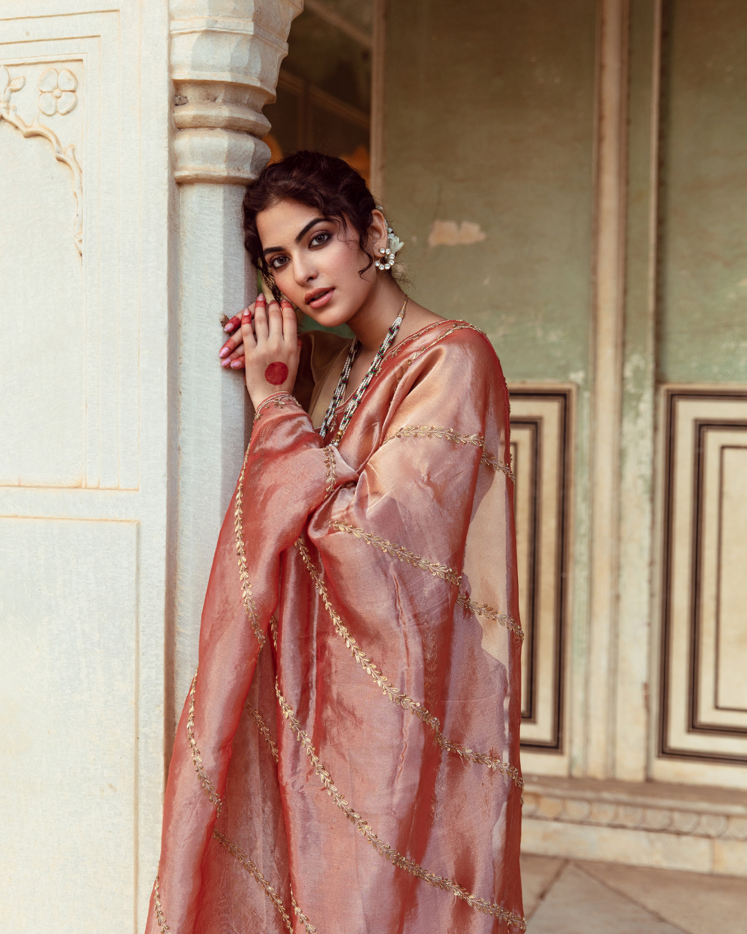 Rust Tissue Silk Embroidered Sari