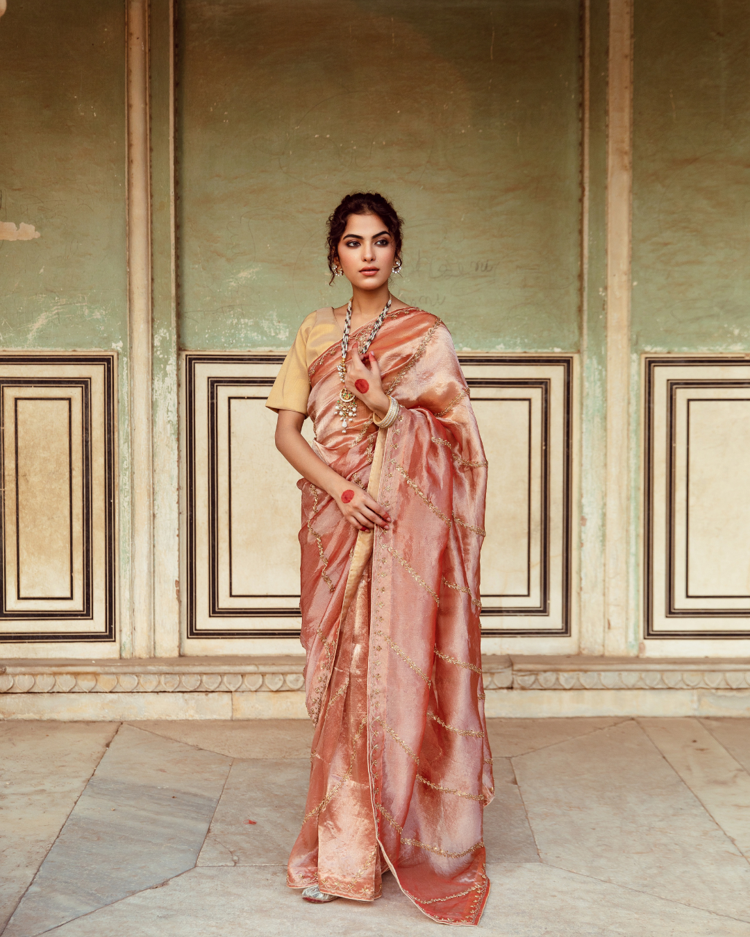 Rust Tissue Silk Embroidered Sari