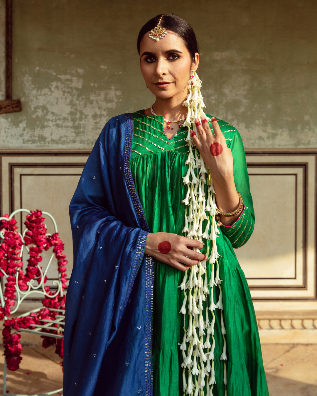 Green & Blue Chanderi Silk Embroidered Tiered Kurta Set