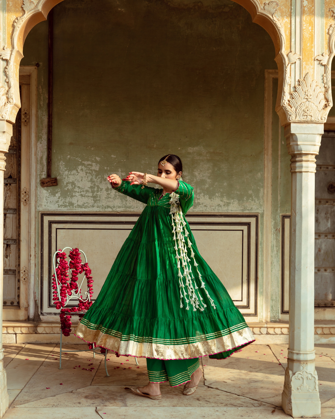 Green & Blue Chanderi Silk Embroidered Tiered Kurta Set