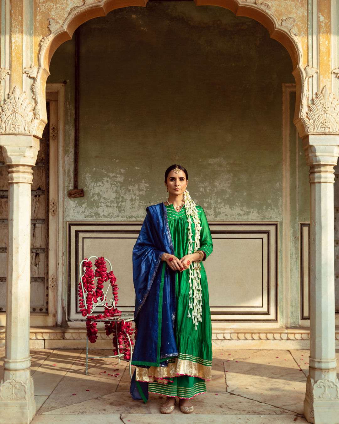 Green & Blue Chanderi Silk Embroidered Tiered Kurta Set
