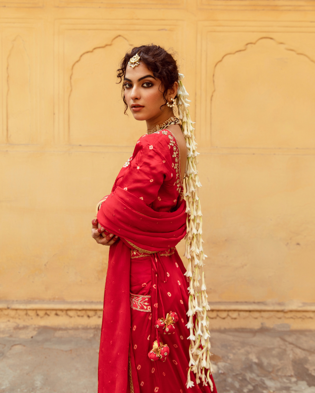 Red & White Bandhej Print Lehenga Set