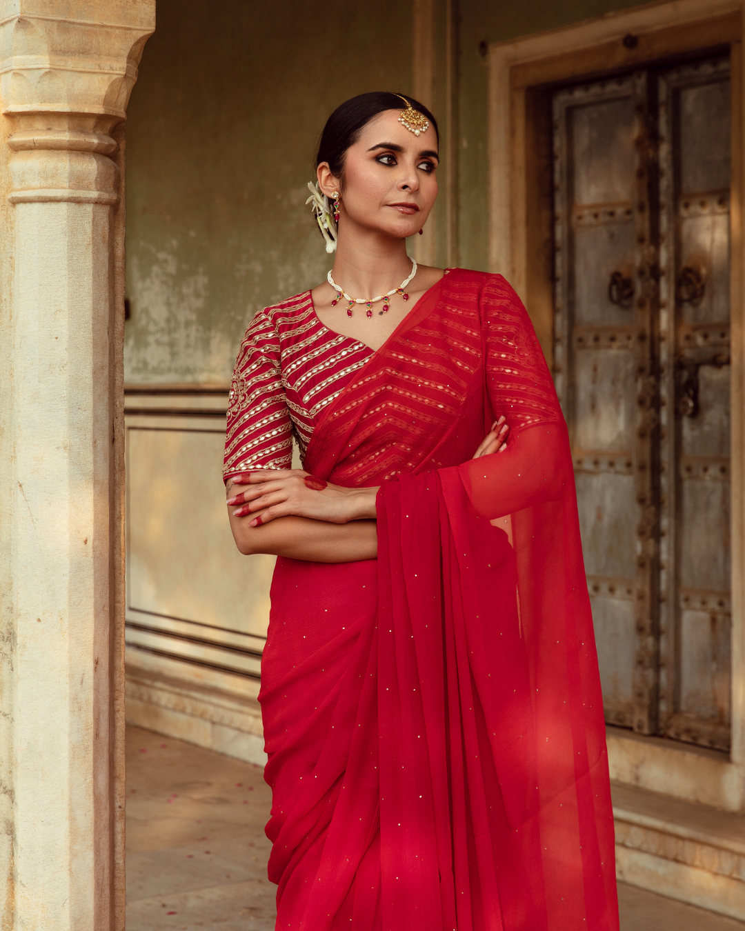Red Hand Dyed Chiffon Sari with Badla Work