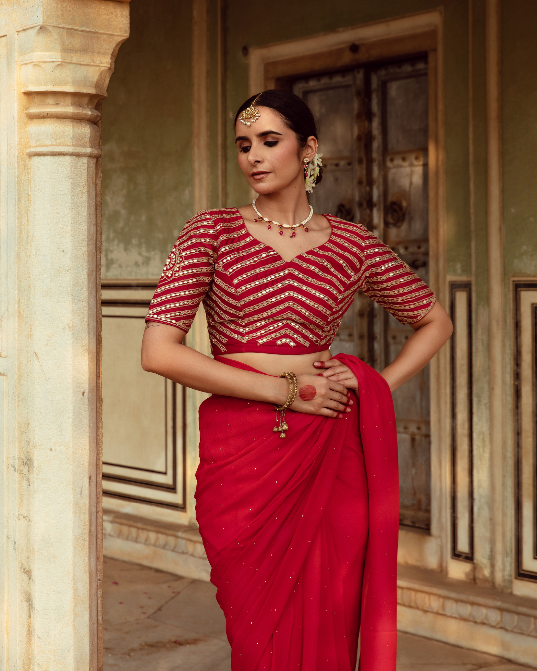 Red Hand Dyed Chiffon Sari with Badla Work