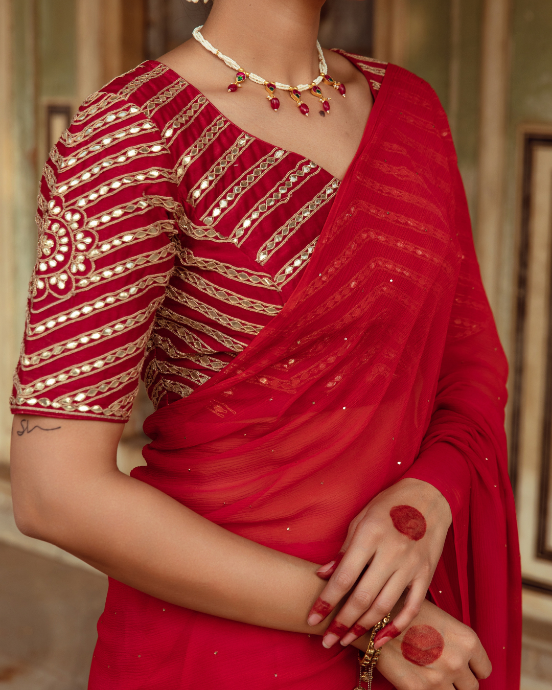 Red Hand Dyed Chiffon Sari with Badla Work