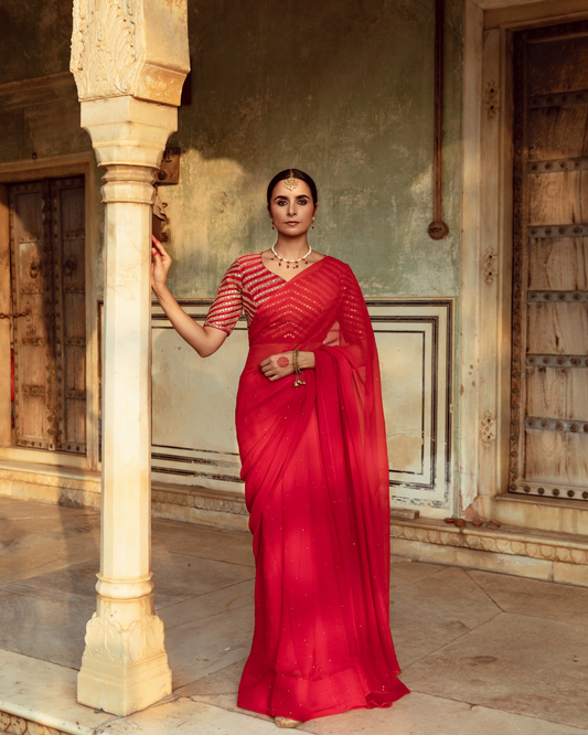 Red Hand Dyed Chiffon Sari with Badla Work
