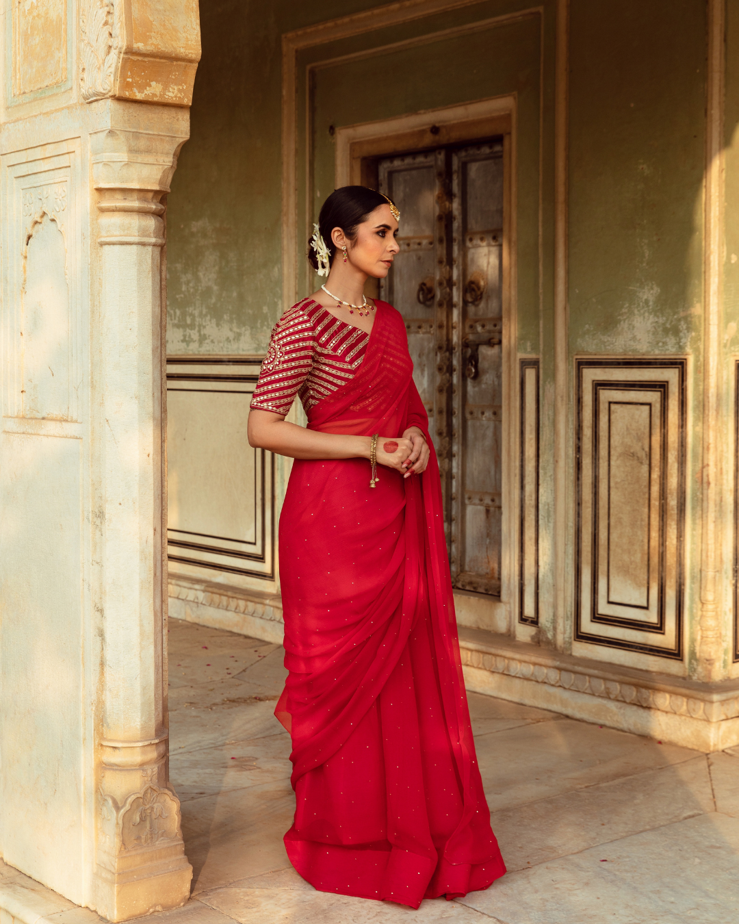 Red Hand Dyed Chiffon Sari with Badla Work