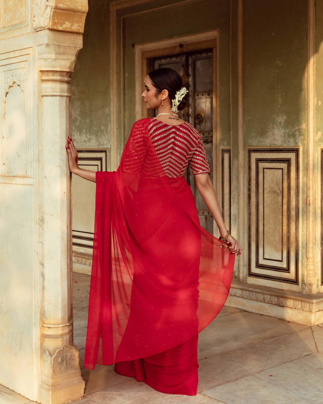 Red Hand Dyed Chiffon Sari with Badla Work