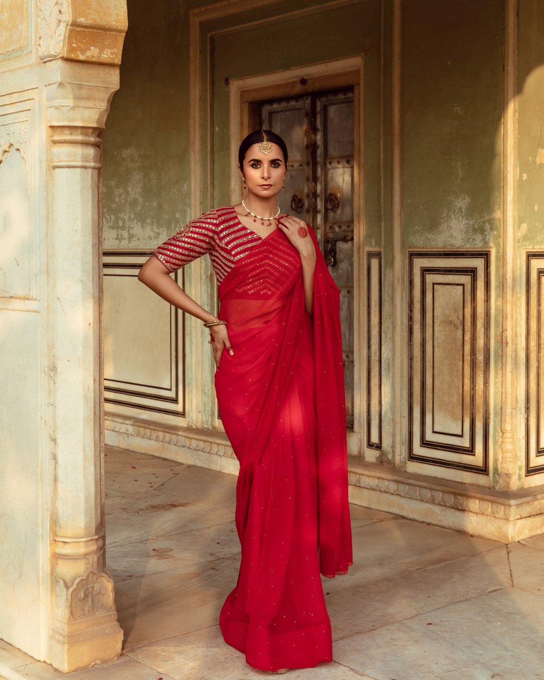 Red Hand Dyed Chiffon Sari with Badla Work