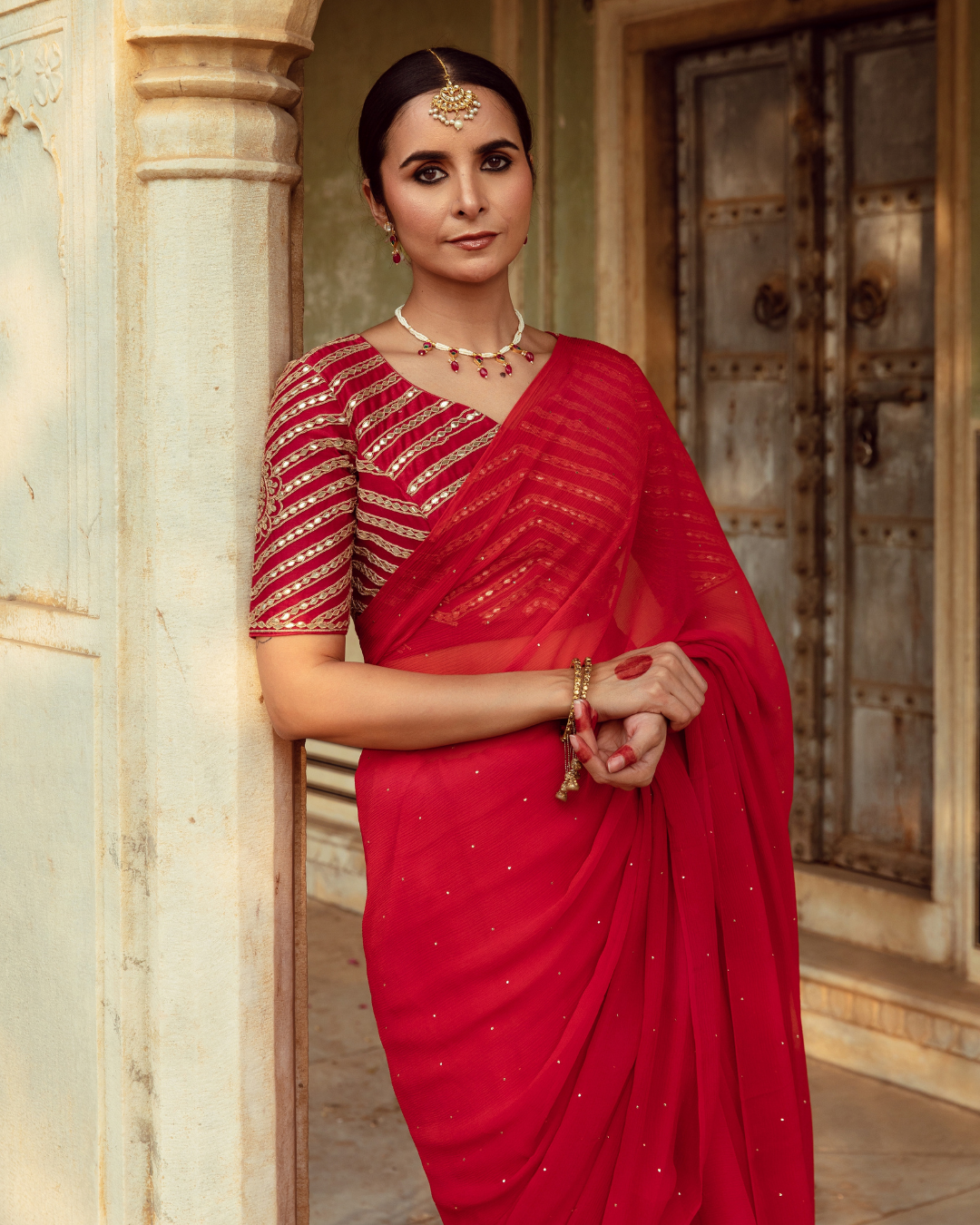 Red Hand Dyed Chiffon Sari with Badla Work