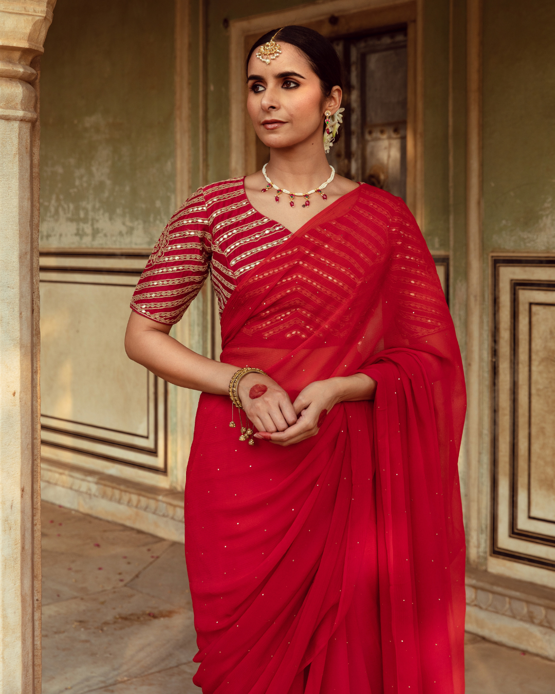 Red Hand Dyed Chiffon Sari with Badla Work