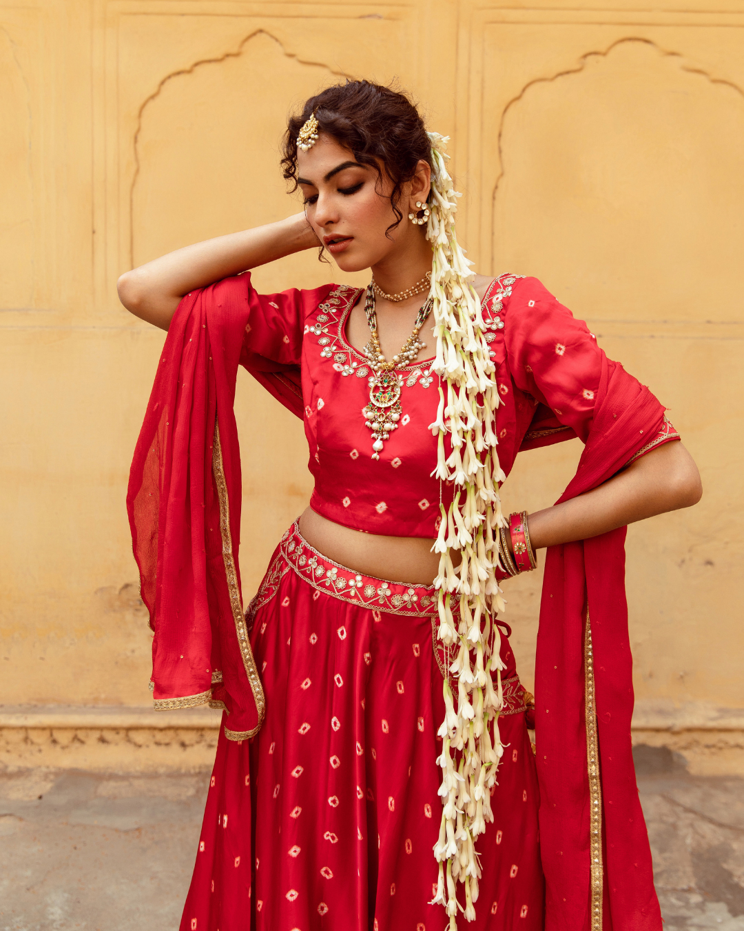 Red & White Bandhej Print Lehenga Set