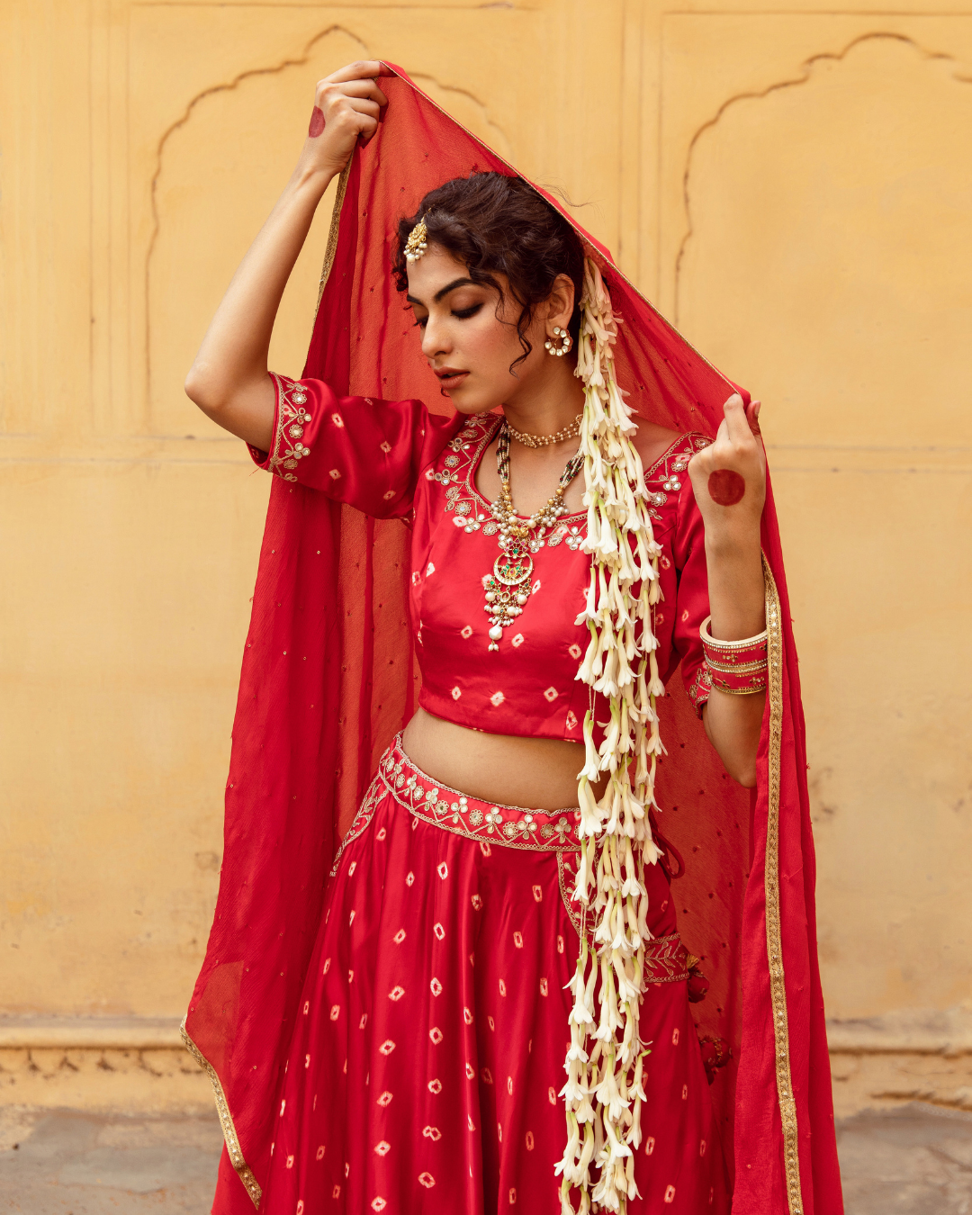 Red & White Bandhej Print Lehenga Set