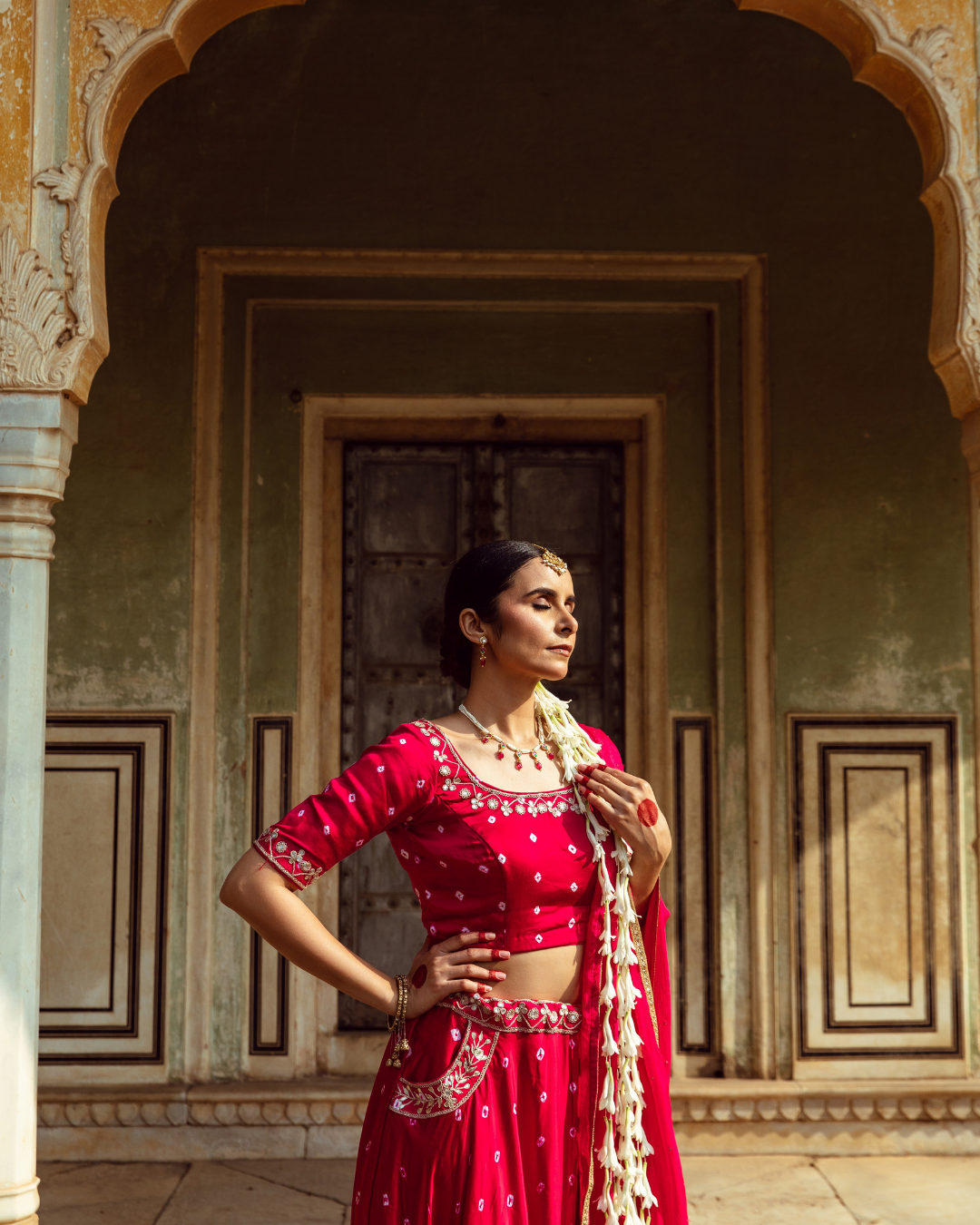 Fuchsia & White Bandhej Print Lehenga Set