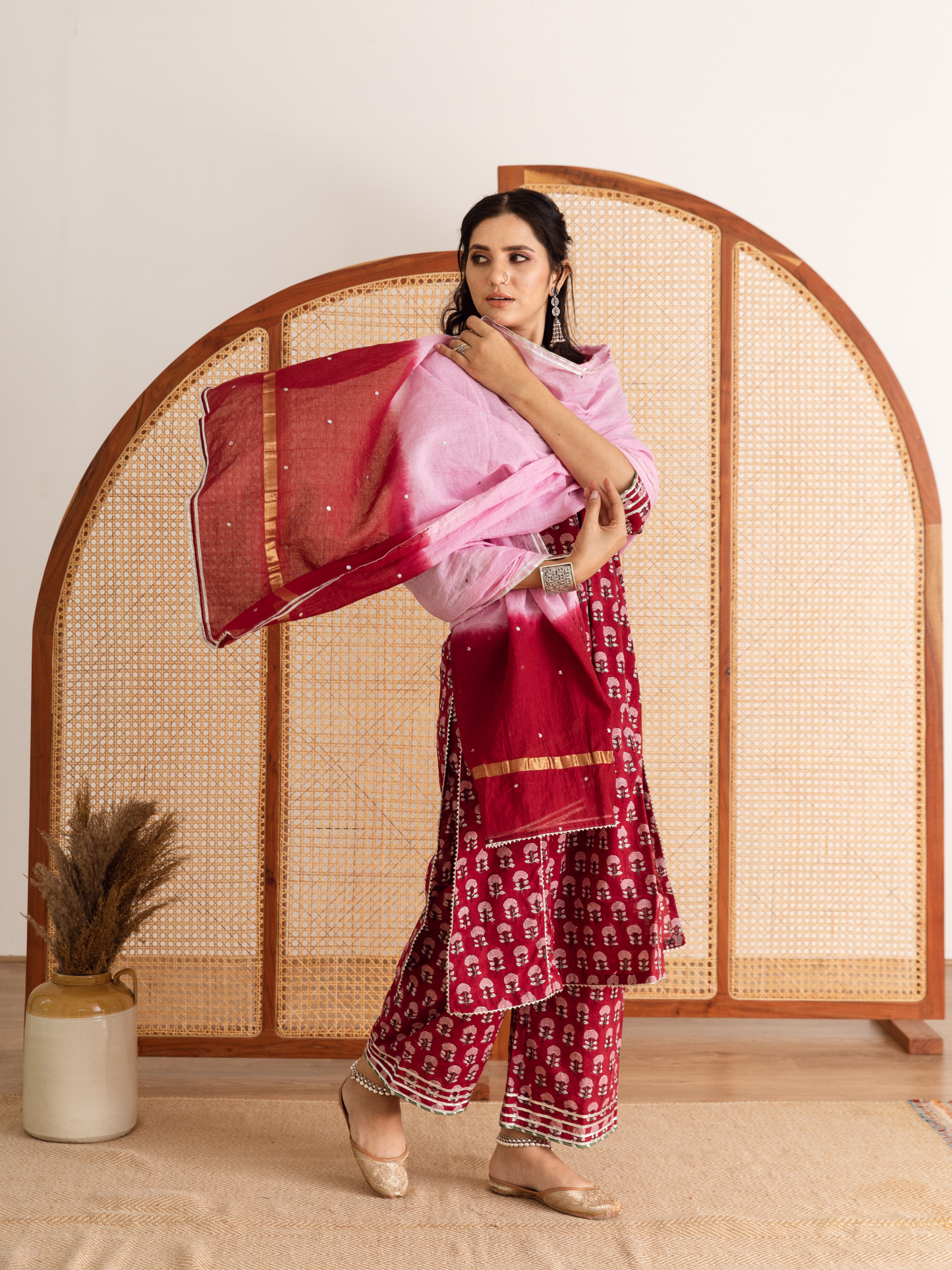 Red Hand Block Printed Cotton Kurta Set