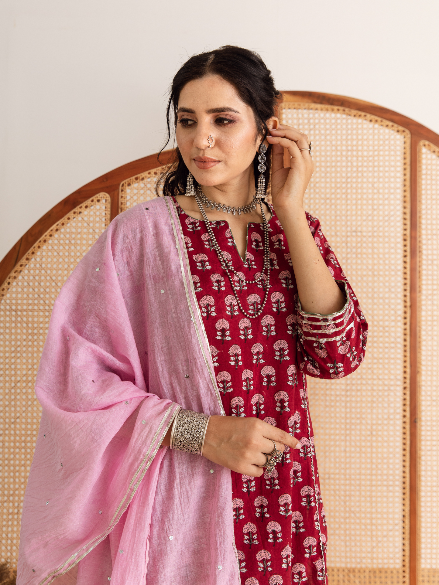 Red Hand Block Printed Cotton Kurta Set