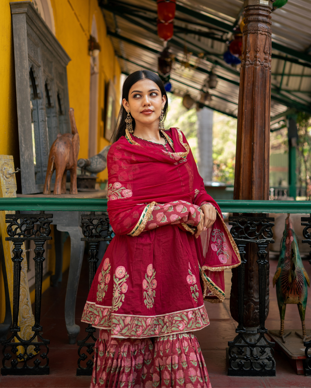 Wine Block Printed Anarkali Set