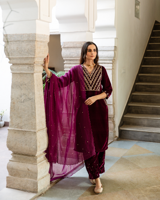 Khizaan Panna - Velvet Embroidered Suit Set