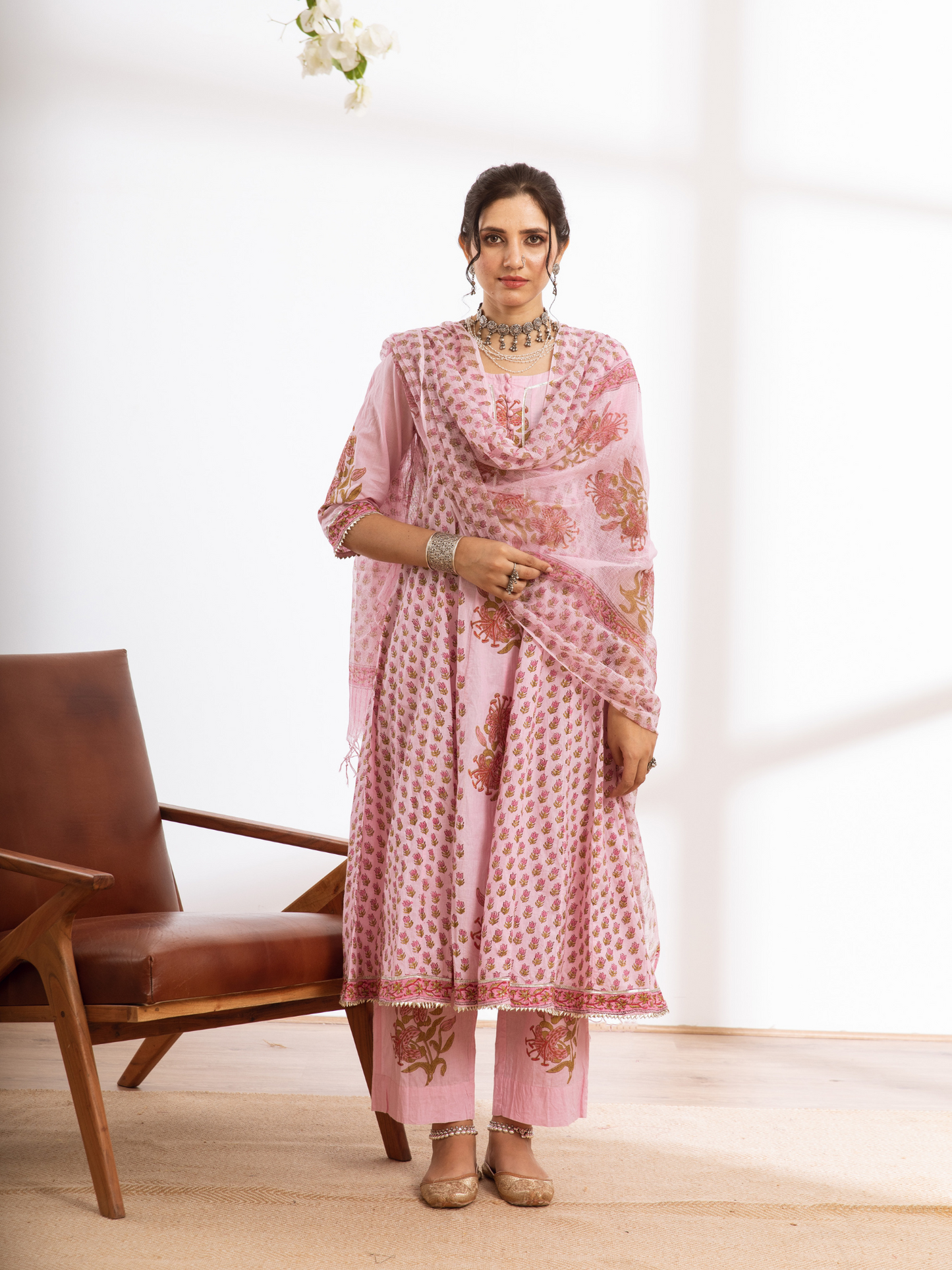 Rasika Gulabi Kalidar Set - Pink Hand Block Printed Cotton Kalidar Set