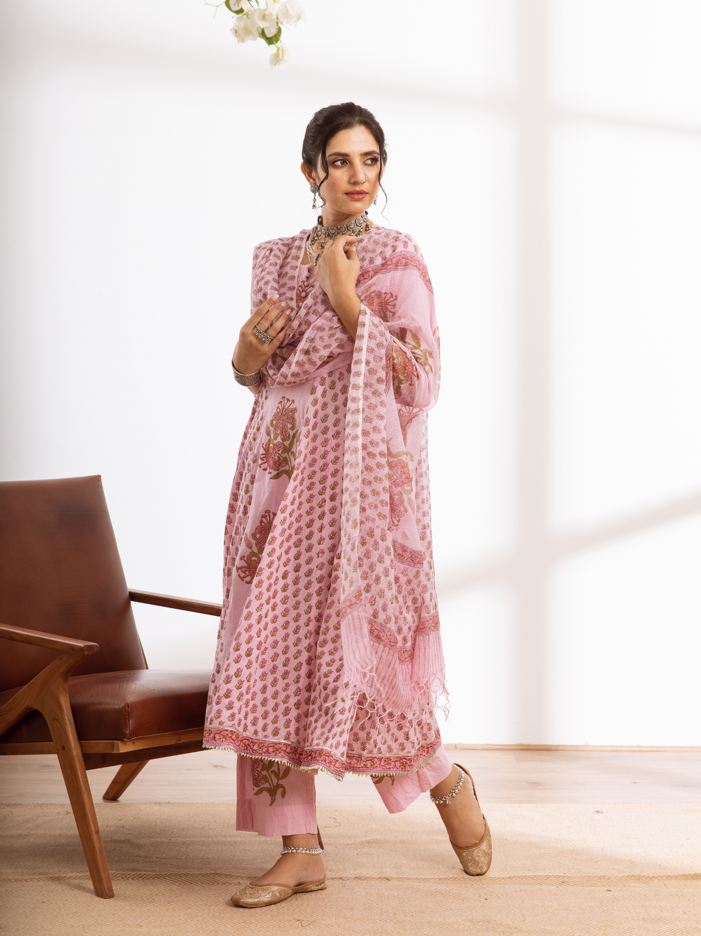 Rasika Gulabi Kalidar Set - Pink Hand Block Printed Cotton Kalidar Set