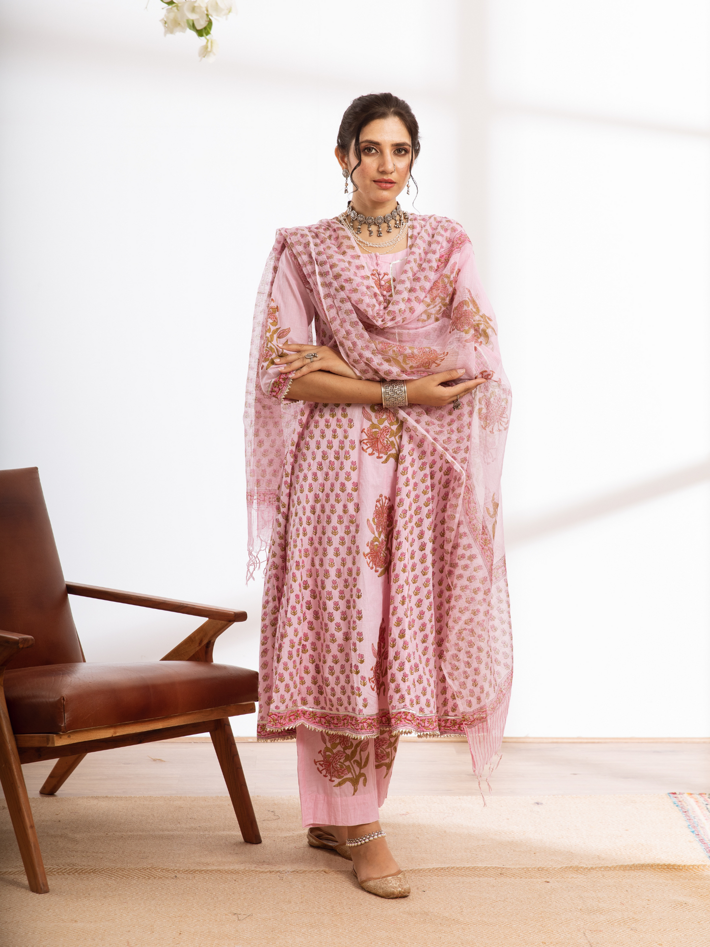 Rasika Gulabi Kalidar Set - Pink Hand Block Printed Cotton Kalidar Set