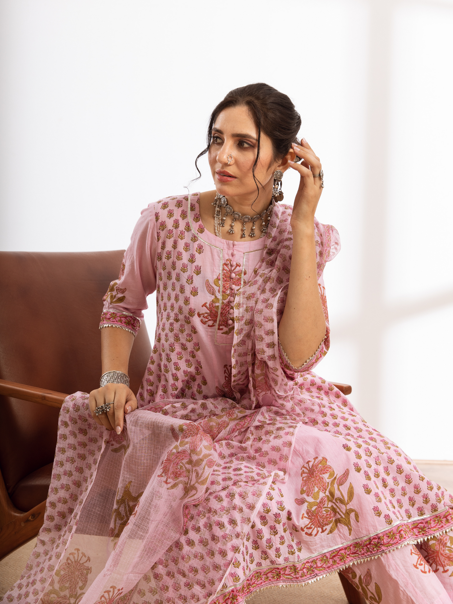 Rasika Gulabi Kalidar Set - Pink Hand Block Printed Cotton Kalidar Set