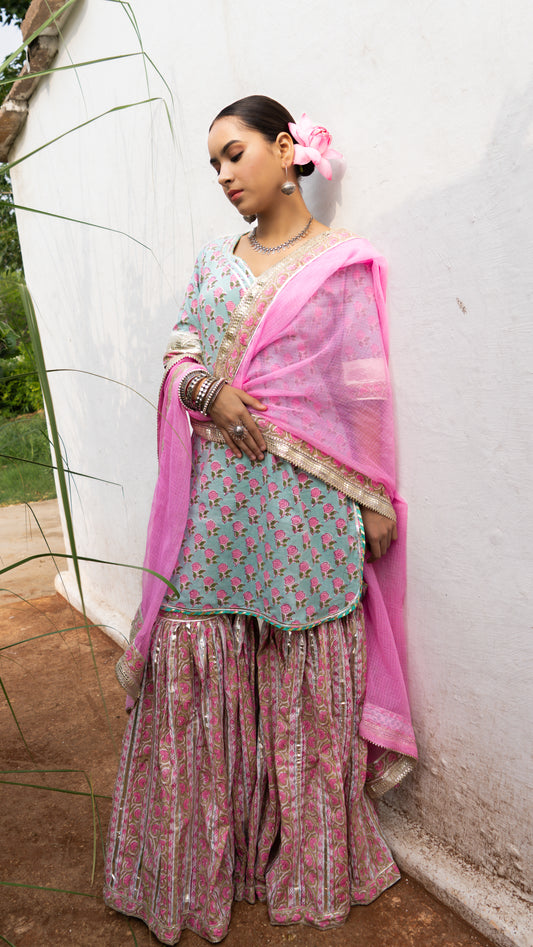 Saundh pink and blue hand block printed gota sharara set