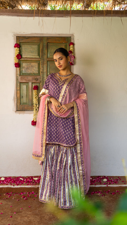 Saundh purple and peach hand block printed gota sharara set