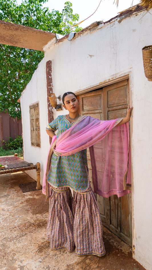 Saundh Sea green and pink hand block printed gota sharara set