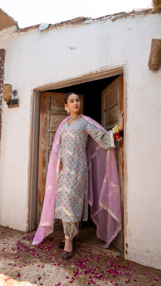 Saundh Pink and Blue hand block printed cotton Salwar set