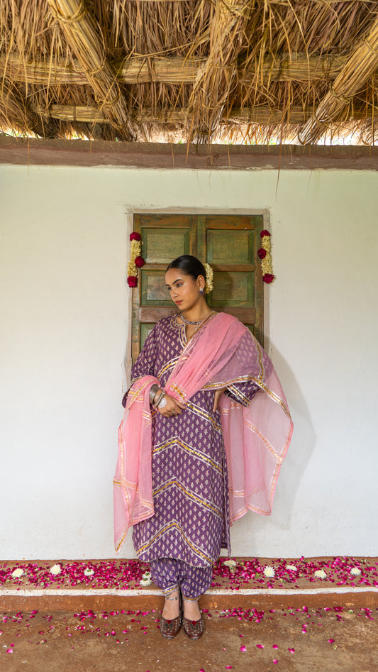 Saundh Purple and Peach hand block printed cotton Salwar set