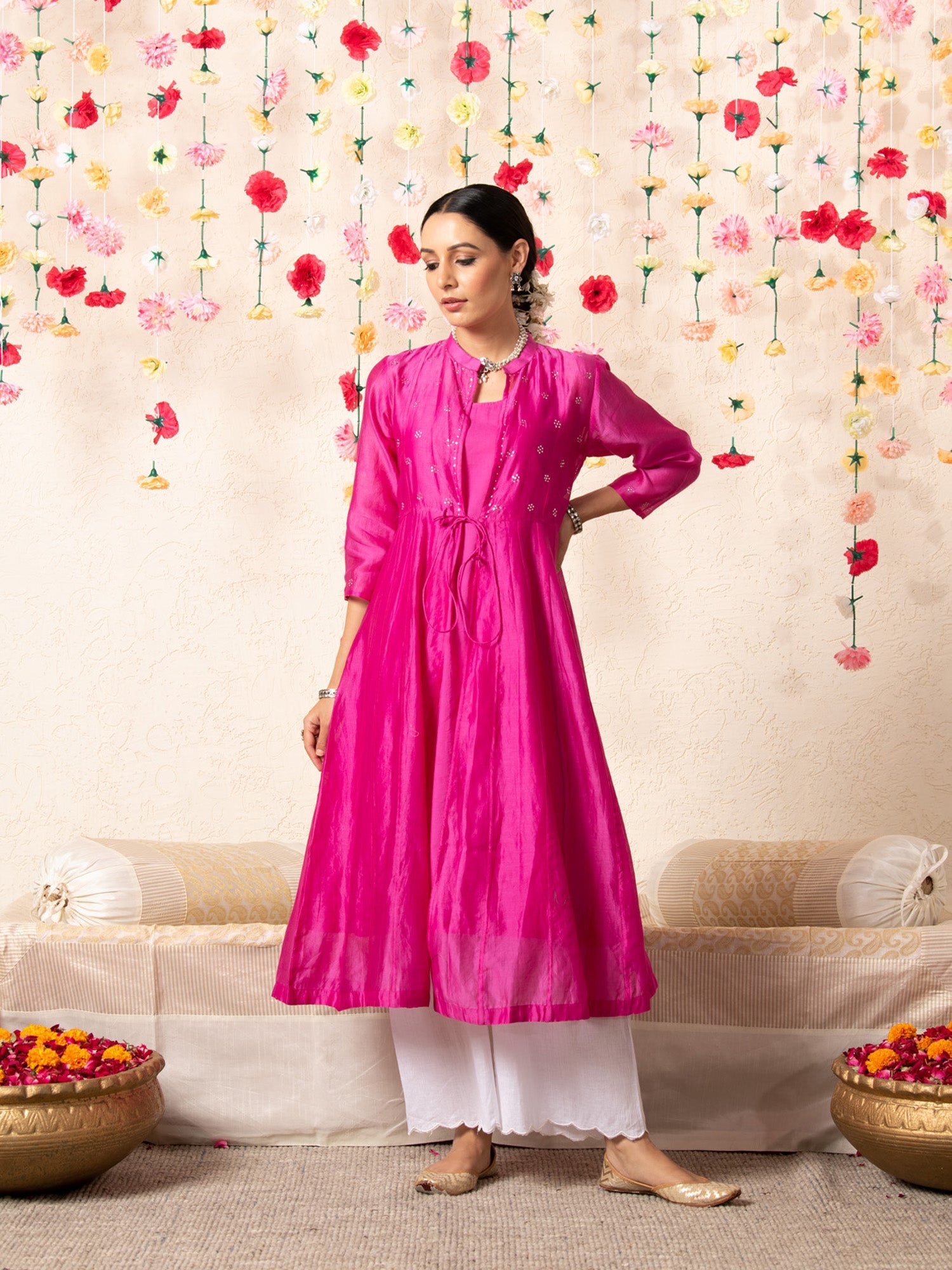 ruby pink color dress Ruby Satin Dress with Scarf SAU LEE