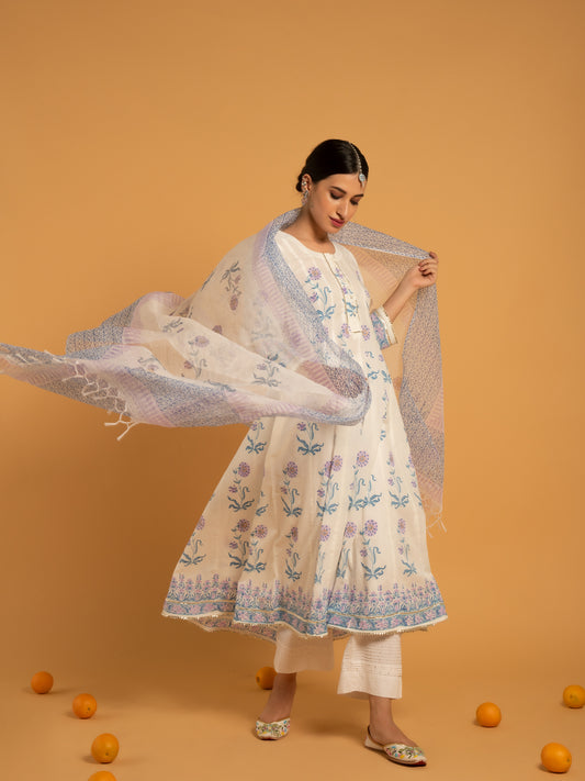 Surajmukhi Shwet White Blue  Cotton Suit Set