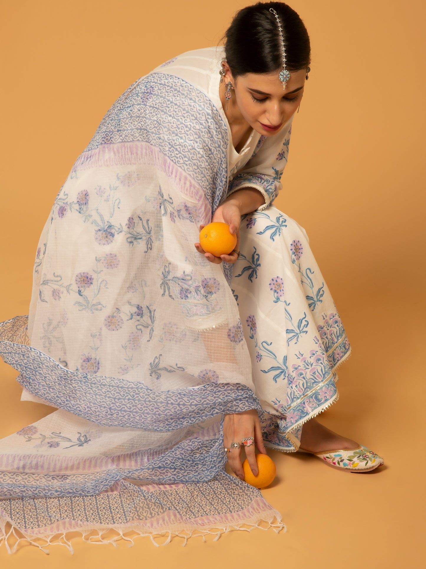 Surajmukhi Shwet White Blue  Cotton Suit Set